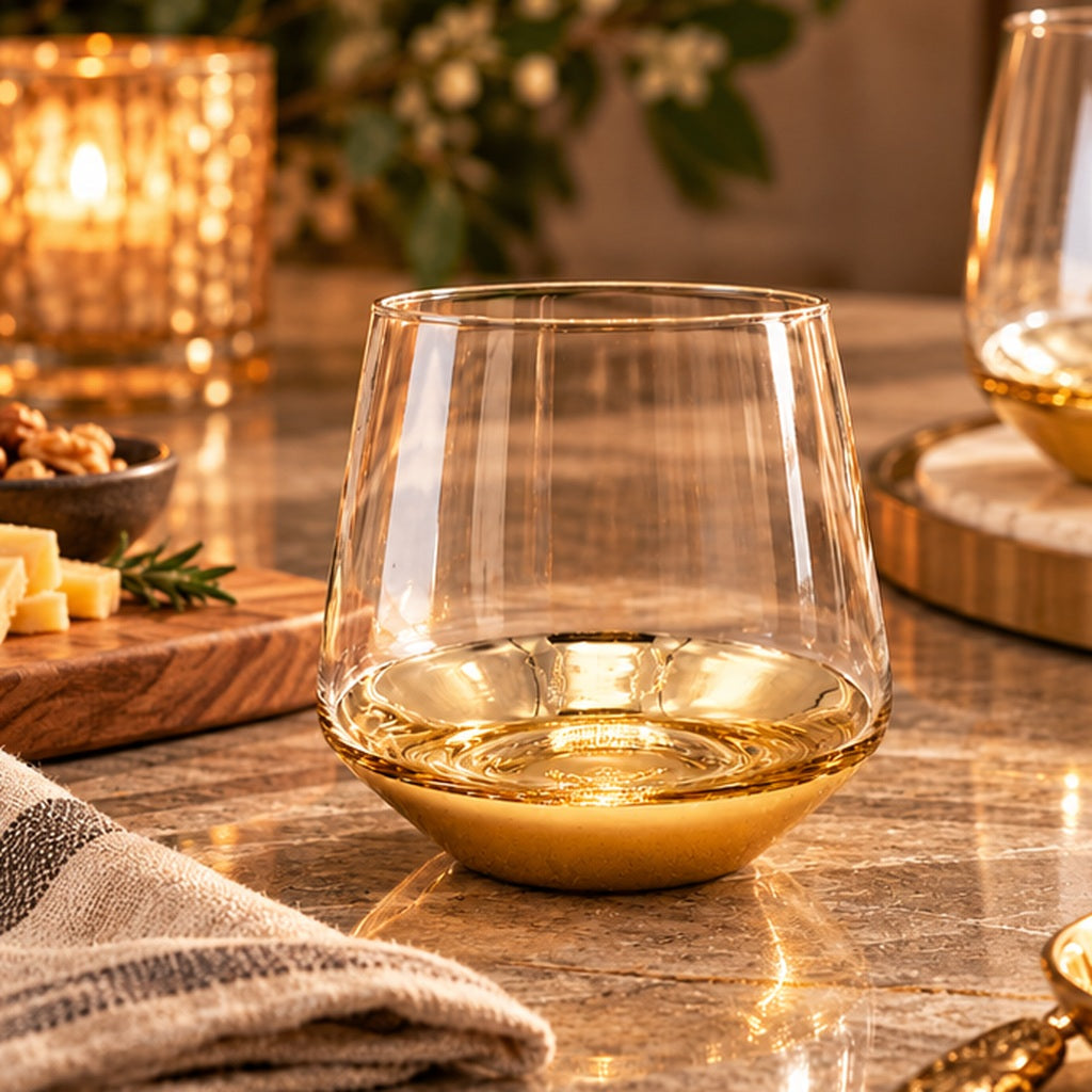 Vaso coñac transparente con base dorada sobre mesa elegante