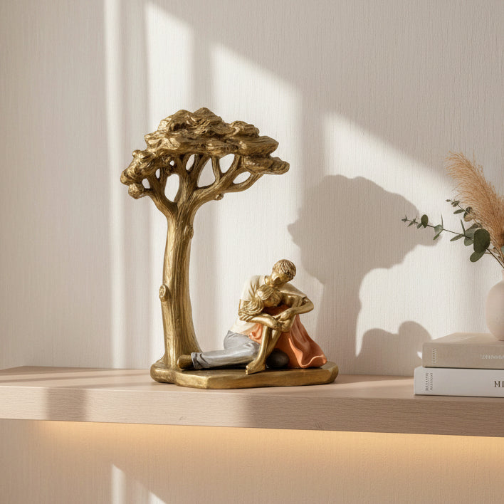 Pareja abrazada bajo árbol